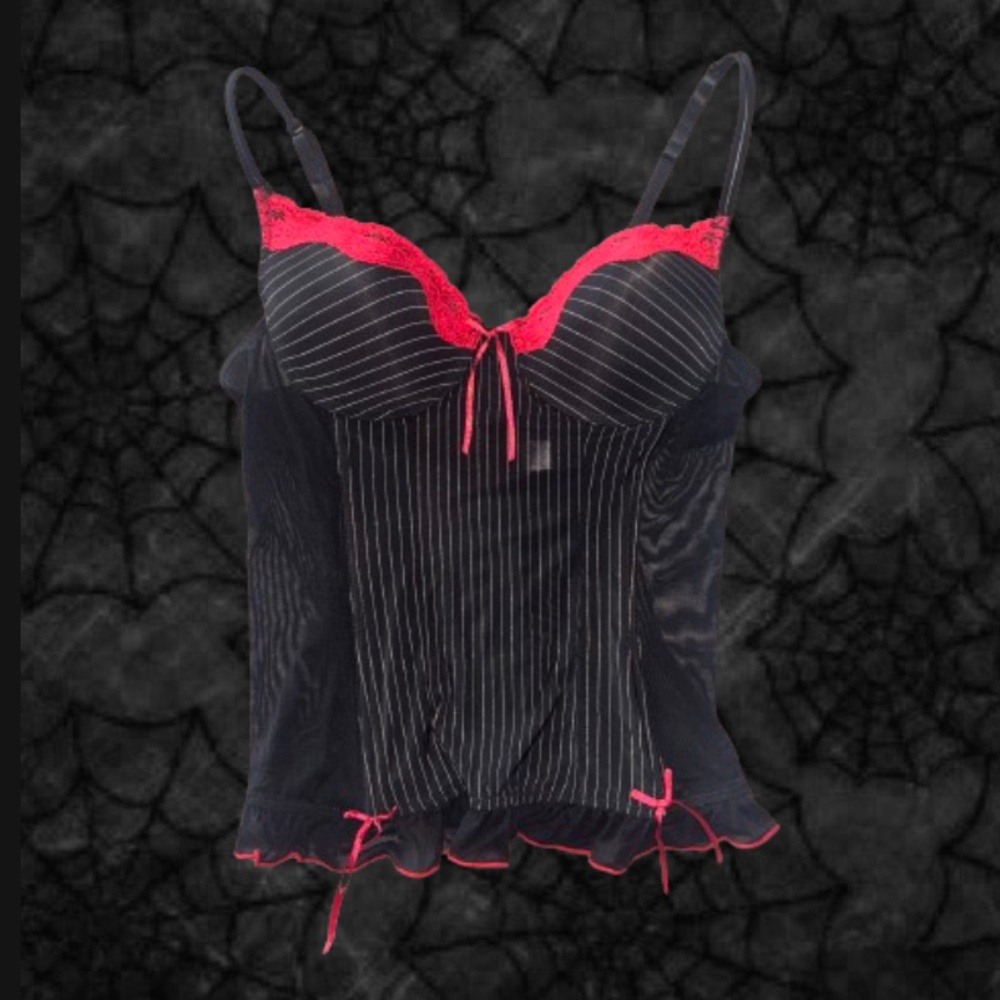 VAMPIRE BUSTIER TOP RED & GREY PINSTRIPE W/ BOWS Y2K MALL GOTH EMO